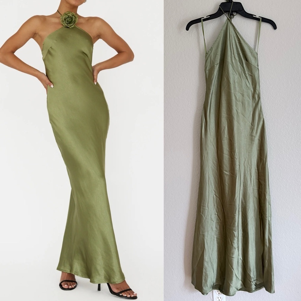 Selfie Leslie High Roller Flower Decoration Halter Dress Sage Olive